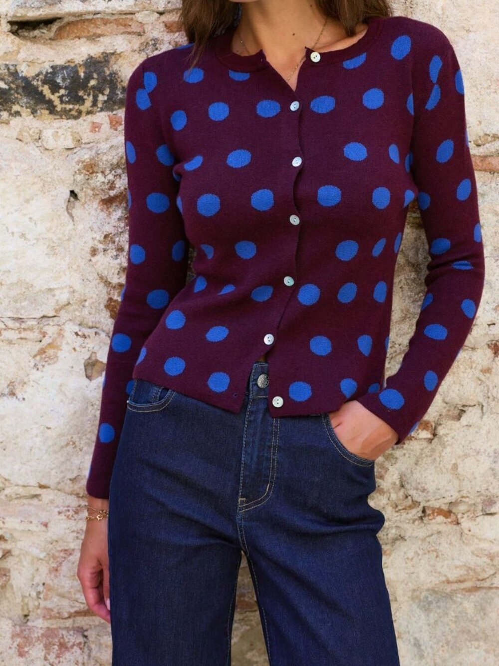 Multicolor Casual Women's Polka Dot Button Front Pocket Knit Cardigan - Picture 8 of 8